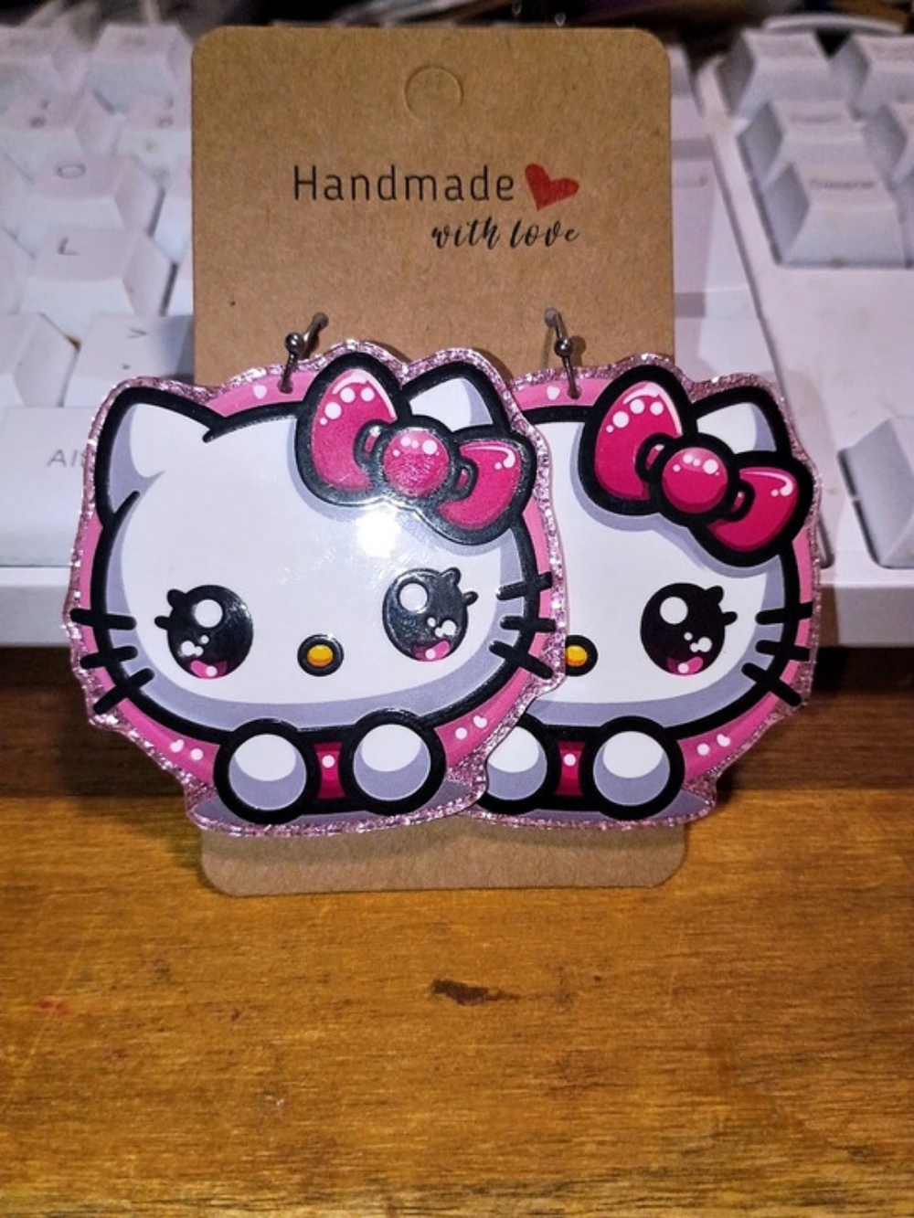 Pink & White Bow Hello Kitty Handmade Character Glitter Earrings